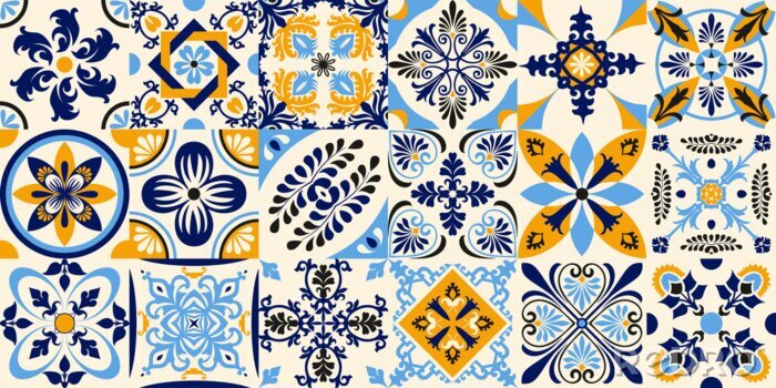 Papier peint  Talavera pattern. Indian patchwork. Azulejos portugal. Turkish ornament. Moroccan tile mosaic. Ceramic tableware, folk print. Spanish pottery. Ethnic background. Mediterranean seamless wallpaper.