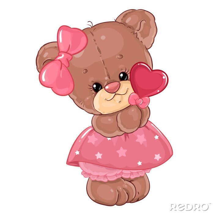 Papier peint  Teddy bear girl with heart lollipop. Cute children's character.