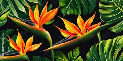 Papier peint  Template design for textiles, interior, clothes, wallpaper, with tropical leaves and strelitzia on red background. Watercolor illustration.