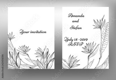 Papier peint  Template gift card ink white and black flowers. Vector floral background. Strelitzia blossom paradise.