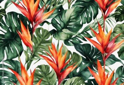 Papier peint  Template Seamless tropical background leaves pattern strelitzia floral light