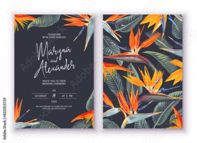 Papier peint  Templates postcards with place for text. Tropical flowers and leaves of Strelitzia Reginae. Realistic style, hand drawn, vector, invitation, wedding decorations, wallpaper for posts in social netwoks
