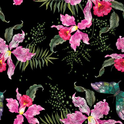 Tendance à la broderie motif floral sans couture avec orchidées et papillons.