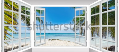 Papier peint  Terrasse vitrée surplombant la plage sous les palmiers