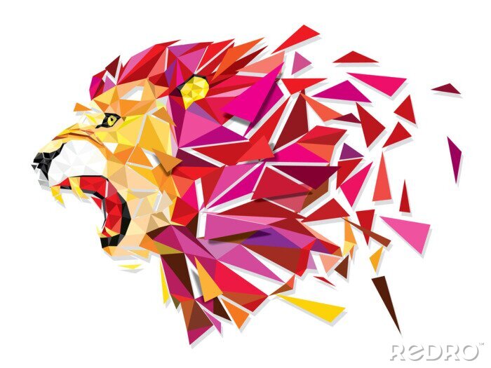 Papier peint  Tête de lion lion avec crinière rose géométrique