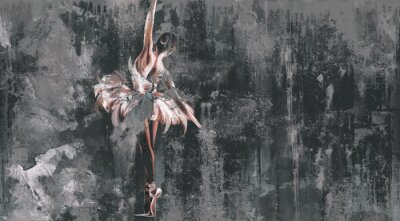 Papier peint  Textured shabby and cracked wall on which a silhouette of a ballerina with watercolor elements is drawn, photo wallpaper