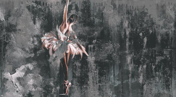 Papier peint  Textured shabby and cracked wall on which a silhouette of a ballerina with watercolor elements is drawn, photo wallpaper