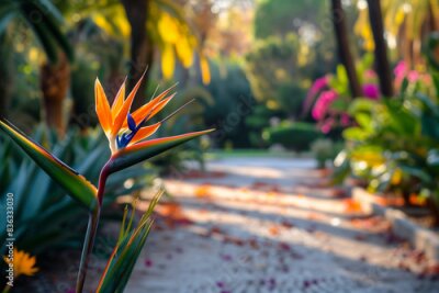 Papier peint  The blooming bird of paradise (strelitzia) or crane flower beside the alley of shady and cozy Malaga Park, Spain


