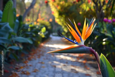 Papier peint  The blooming bird of paradise (strelitzia) or crane flower beside the alley of shady and cozy Malaga Park, Spain


