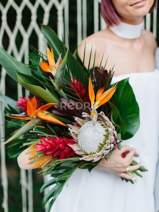 Papier peint  The bride in a dress with bare shoulders holds an exotic wedding bouquet of tropical flowers. Bouquet of protea, strelitzia, red ginger, and tropical leaves. Macramé in the background.