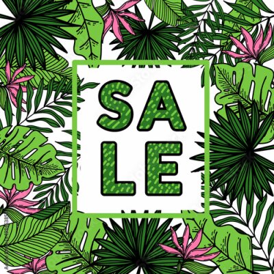 Papier peint  The frame design is decorated with a strelitzia flower, tropical palm leaves, monstera, and hand-drawn doodle elements. A place for your message. Vector illustration.