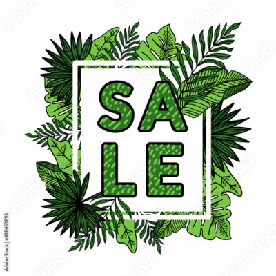 Papier peint  The frame design is decorated with a strelitzia flower, tropical palm leaves, monstera, and hand-drawn doodle elements. A place for your message. Vector illustration.