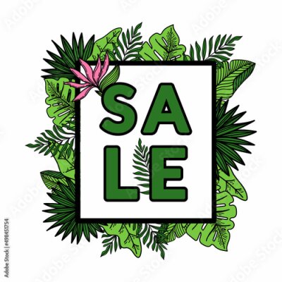 Papier peint  The frame design is decorated with a strelitzia flower, tropical palm leaves, monstera, and hand-drawn doodle elements. A place for your message. Vector illustration.