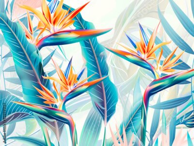 Papier peint  The selective focus shot of an orange Bird of Paradise plant in with a blurred blue flower field background