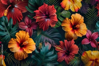 Papier peint  The tropical vintage red hibiscus and strelitzia floral leaf seamless pattern black background is an exotic jungle wallpaper with generative AI.