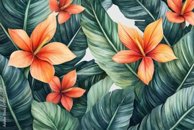 Papier peint  The watercolor botanical illustration features flowers and leaves of the bird-of-paradise, along with Strelitzia reginae and heliconia, as tropical plants