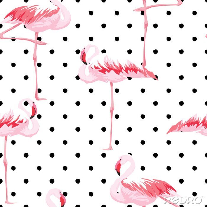 Papier peint  Thème blanc à pois noirs et flamants roses