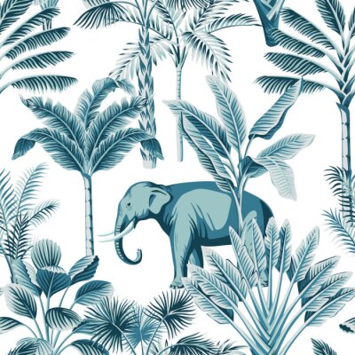 Papier peint  Thème bleu avec palmiers et éléphants