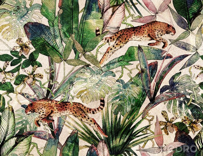 Papier peint  Thème de la jungle avec des tigres