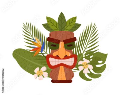 Papier peint  Tiki mask with palm leaves, white plumeria and strelitzia flowers.