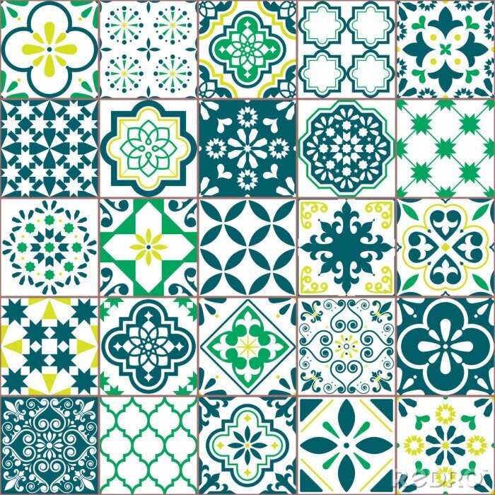 Papier peint  Tile vector pattern - Azulejo Lisbon retro old tiles mosaic, Portuguese seamless green design
