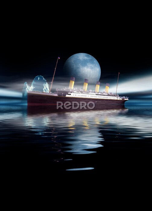Papier peint  Titanic navire naviguant dans la nuit avec la lune et les icebergs