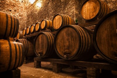 Tonneaux de vin dans la cave d'un domaine