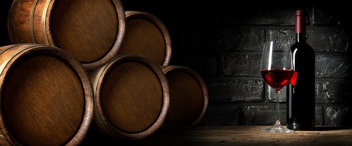 Papier peint  Tonneaux et bouteilles de vin