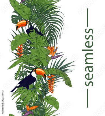 Papier peint  Toucan and tropical flowers and leaves, Heliconia and strelitzia, palm and monstera leaves, seamless pattern, vector illustration