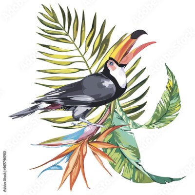 Papier peint  Toucan aux fleurs tropicales strelitzia et feuille. Élément pour la conception d'invitations, d'affiches de films, de tissus et d'autres objets. Isolé sur blanc.