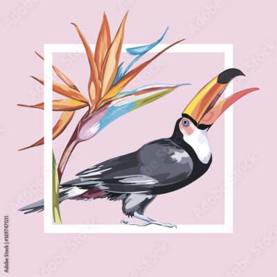 Papier peint  Toucan avec des fleurs tropicales strelitzia. Élément pour la conception d'invitations, d'affiches de films, de tissus et d'autres objets. Isolé sur blanc.