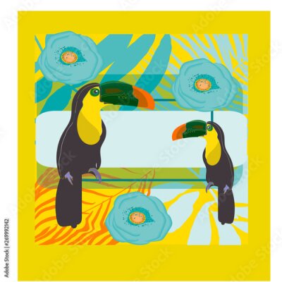 Papier peint  toucan with tropical flower and leave background, card, strelitzia