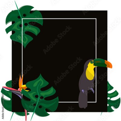 Papier peint  toucan with tropical flower and leave background, card, strelitzia
