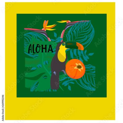 Papier peint  toucan with tropical flower and leave background, card, strelitzia