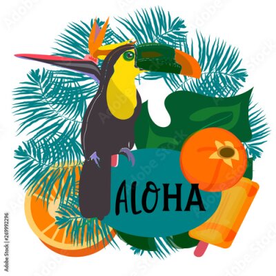 Papier peint  toucan with tropical flower and leave background, card, strelitzia