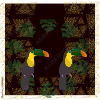 Papier peint  toucan with tropical flower and leave background, card, strelitzia