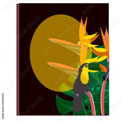 Papier peint  toucan with tropical flower and leave background, card, strelitzia