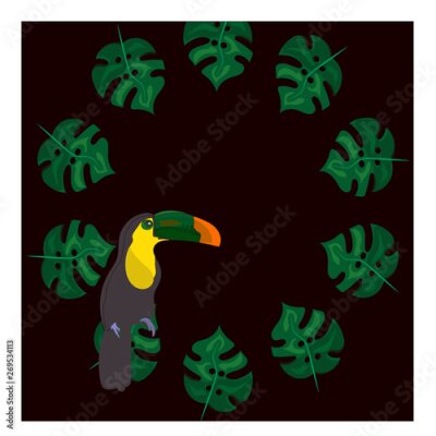 Papier peint  toucan with tropical flower and leave background, card, strelitzia