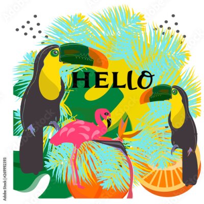 Papier peint  toucan with tropical flower and leave background, card, strelitzia