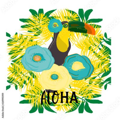 Papier peint  toucan with tropical flower and leave background, card, strelitzia