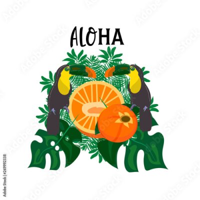 Papier peint  toucan with tropical flower and leave background, card, strelitzia