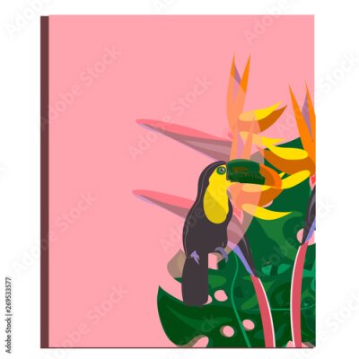 Papier peint  toucan with tropical flower and leave background, card, strelitzia
