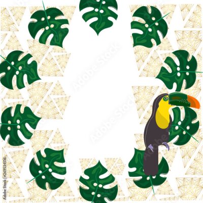 Papier peint  toucan with tropical flower and leave background, card, strelitzia