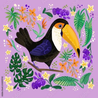 Papier peint  Toucan with tropical flowers and leaves doodles. Illustration for notebook design, children’s books, clothes, web, social media. Typical  ramphastos Toco toucan and orchid, plumeria, strelitzia