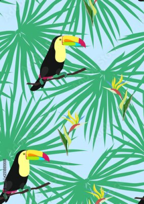 Papier peint  Toucan with tropical leaves and flowers.Strelitzia flower and monstera leaves.