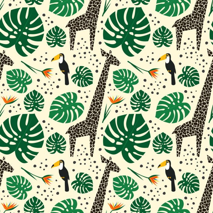 Papier peint  Toucans et feuilles de monstera