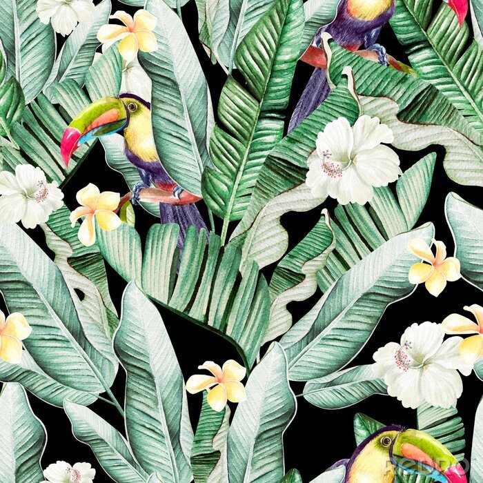 Papier peint  Toucans parmi des feuilles de bananiers tropicales