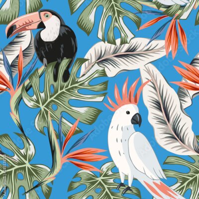 Papier peint  Toucans, parrots, strelitzia flowers, monstera palm leaves, blue background. Vector floral seamless pattern. Tropical illustration. Exotic plants, birds. Summer beach design. Paradise nature
