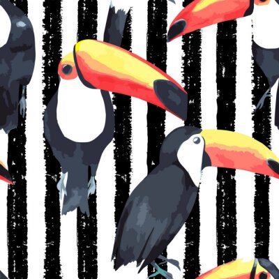 Papier peint à motif  Toucans sur rayures noires et blanches