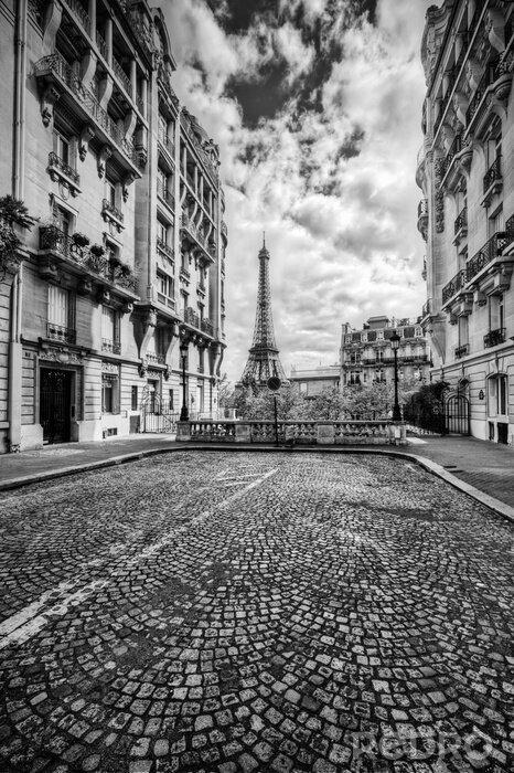 Papier peint  Tour Eiffel vu de la rue à Paris, France. Noir et blanc